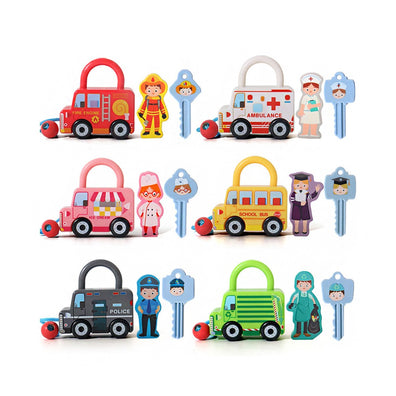 Set de masini cu lacate si chei - Montessori pentru copii: invata meserii, incuie si descuie, sorteaza si potriveste - jucarie senzoriala cu 18 elemente de asociere si indemanare